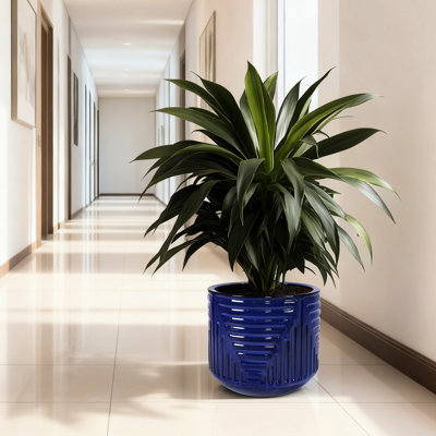 Jardinières rondes bleu foncé faites à la main de 16 pouces avec trous de drainage pour l'intérieur et l'extérieur