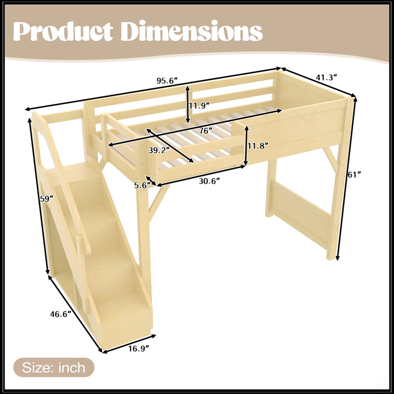 Lit mezzanine simple en bois massif avec garde-robe intégrée, rangement et tablettes à côté, garde-corps pleine longueur et escalier, aucun sommier nécessaire, naturel