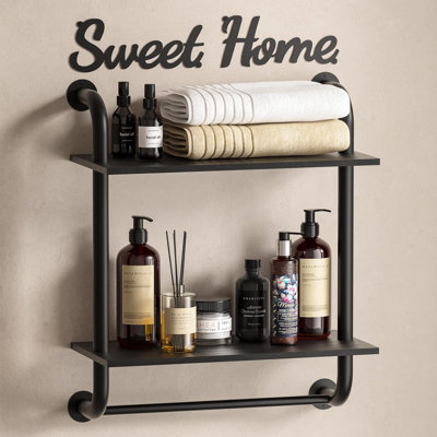 Bathroom Shelves Wall Mounted, Rustic Farmhouse Pipe Shelves, 2-Tier, Industrial Shelving, Floating Shelf Decor For Bathroom, Kitchen, Bedroom, Living Room 17.3 Inch