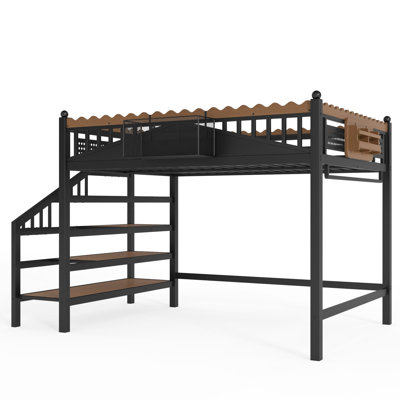 Lit mezzanine en métal, lit mezzanine avec escalier de rangement et bibliothèque, structure de lit mezzanine en métal, lit mezzanine haut en métal, lit multifonctionnel, lit mezzanine pour petite chambre et appartement, noir