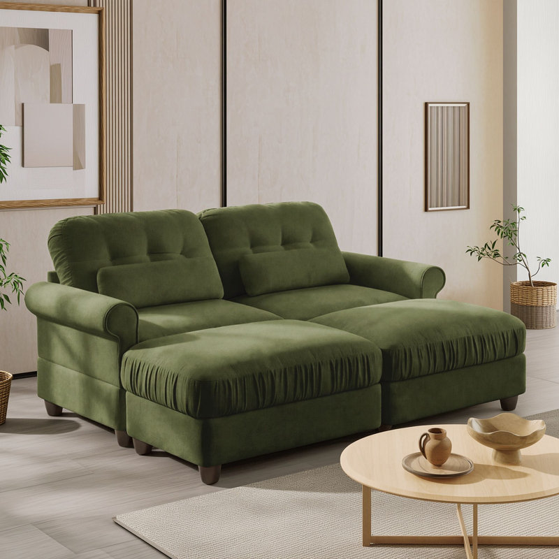 Canapé d'angle deux places avec 2 poufs, Green