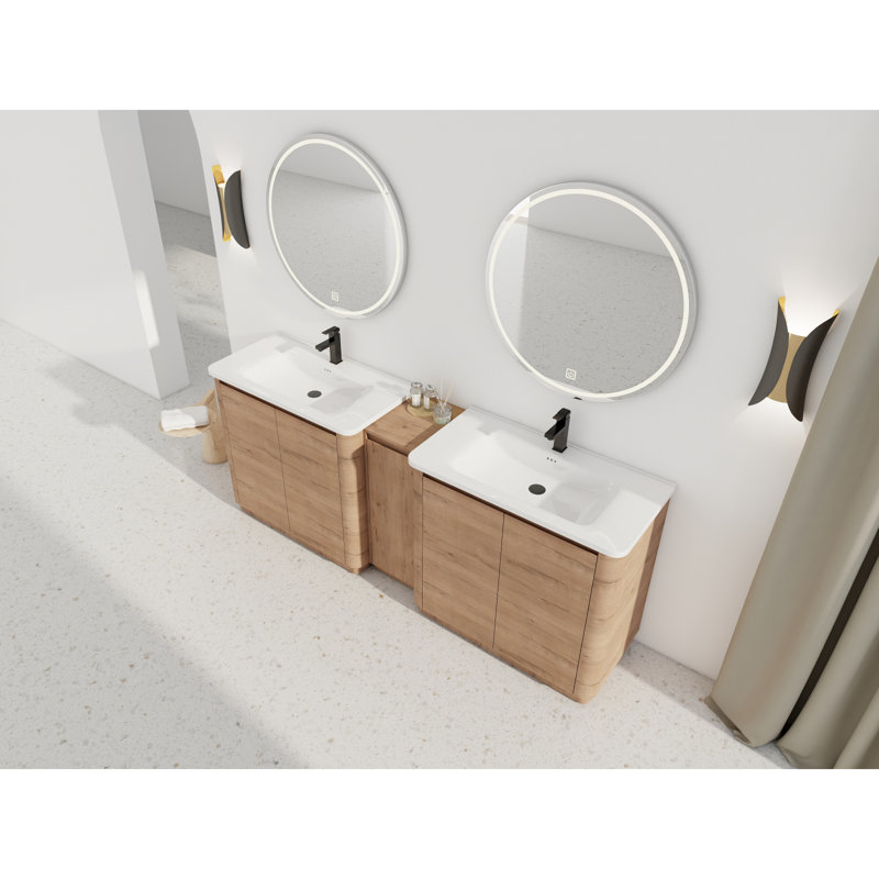 Meuble-lavabo autoportant de 84 po avec lavabo en céramique blanche et 1 petite armoire de rangement, porte à fermeture en douceur, chêne imitation, emballage KD, contreplaqué