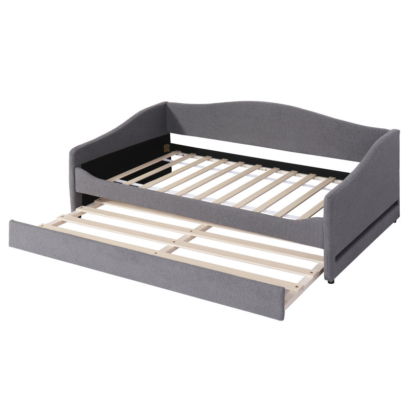 Gray Twin Size Daybed With Fleece Covering And Rollable Underbed Trundle Rotatable Pull-out - Versatile Functional, Gray