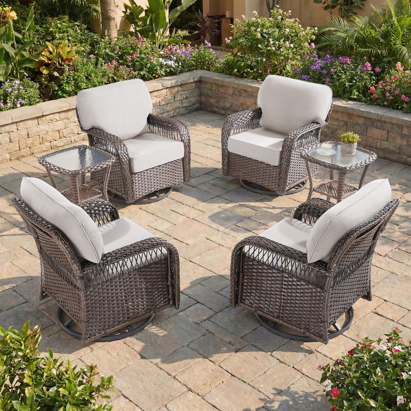 Ensemble de conversation pour patio en osier 6 pièces avec 4 chaises pivotantes et tables d'appoint, Beige, Gris