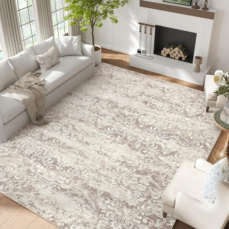 Tapis lavables pour le salon, tapis moelleux de chambre à coucher à motif damas rétro patiné et pliable à poils courts, gris
