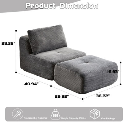 Chaise longue à mémoire de forme compressée en mousse à mémoire de forme, tissu velours côtelé, mobile, sans assemblage, gris, tissu à installation rapide, support ergonomique