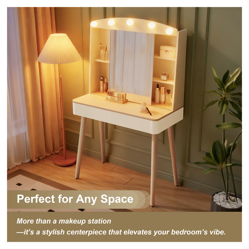 Petit bureau de meuble-lavabo avec miroir lumineux, 3 modes d'éclairage couleur et miroir coulissant, ensemble de coiffeuse avec de grands tiroirs de rangement pour la chambre à coucher, coiffeuse à maquillage blanche