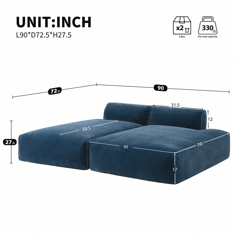 90"Oversized Modular Sectional Sofa,Fully Compressed,Spacious Foam-Filled Sofa Bed for Living Room,elderly - friendly design,2 PC Free Combination,No Assembly Required,3 Colours