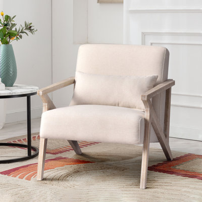 Joesy 26.8" Wide Upholstered Linen Blend Accent Chair with Wooden Legs and One Pillow