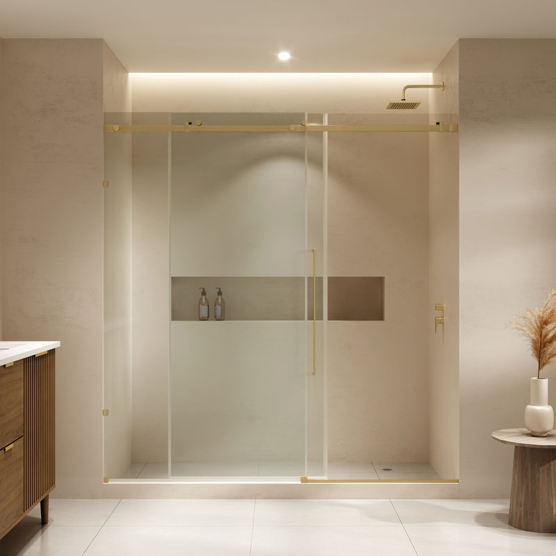 Ove Decors Selby 72 In. W X 74 In. H Frameless Sliding Clear Straight Alcove Shower Door, Gold