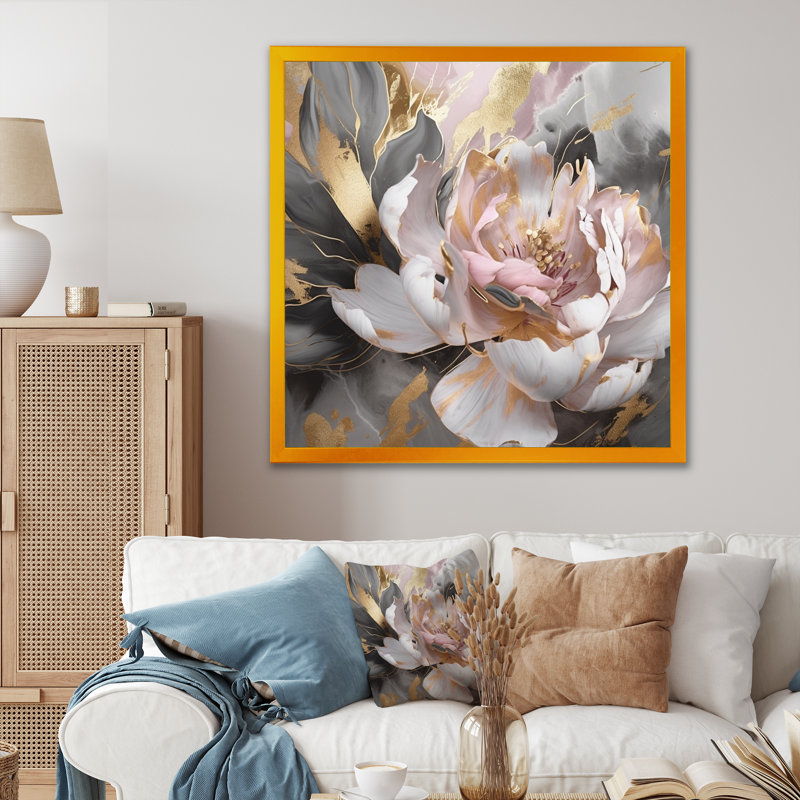 Marbre rose doré, pivoine fleur IV - Abstrait marbré, impressions sur toile, H 36 po x l 36 po, Encadrement doré