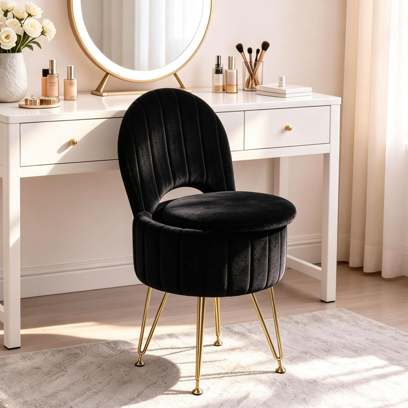 Tabouret de coiffeuse noir avec dossier et rangement dissimulé, fauteuil de maquillage pliable en fausse fourrure avec siège en mousse à mémoire de forme et structure en métal doré, grand
