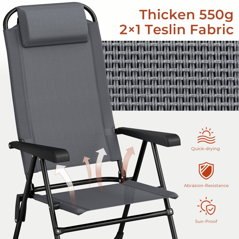 Folding Patio Chairs Set Of 2, Outdoor Lawn Chair, 5 Level Adjustable Teslin Back, Removable Headrest, Ergonomic Armrest, Foot Pad, All Weather For Camping, Garden, Pool, Yard, 300Lbs(Gray And Black)