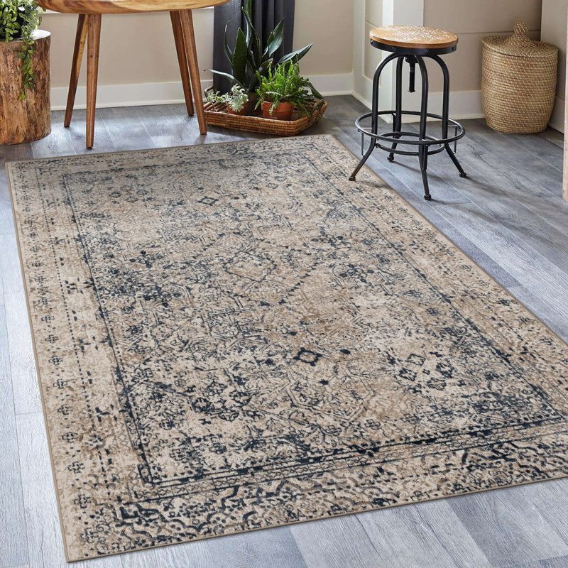 Tapis géométrique crème, Rectangle 5 pi x 7 pi