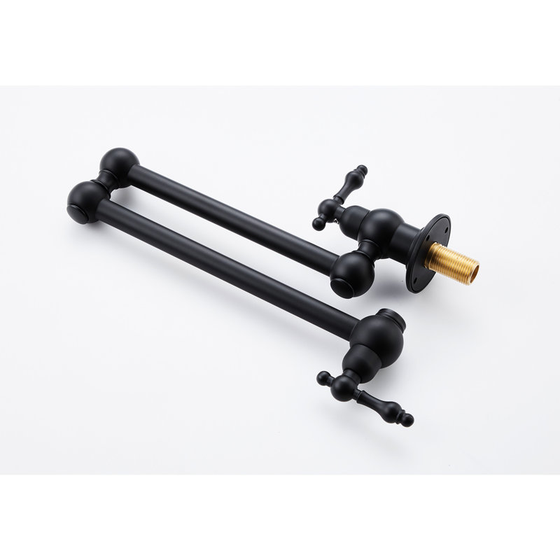 Wall Mount Folding Kitchen Faucet In Matte Black, 360 Swivel, Double Handles For Precise Flow Control, Brass Material, Corrosion Surface Black Pot Filler Mount, Arm Easy Organization, Consistent