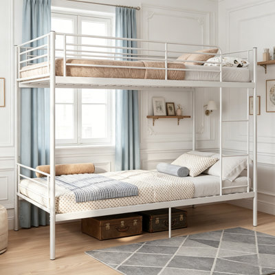Twin Over Twin Bunk Bed with Under Storage and Guardrail, Metal Bunk Bed with High Clearance and Convertible & Split Design for Kids Teens Adults, White