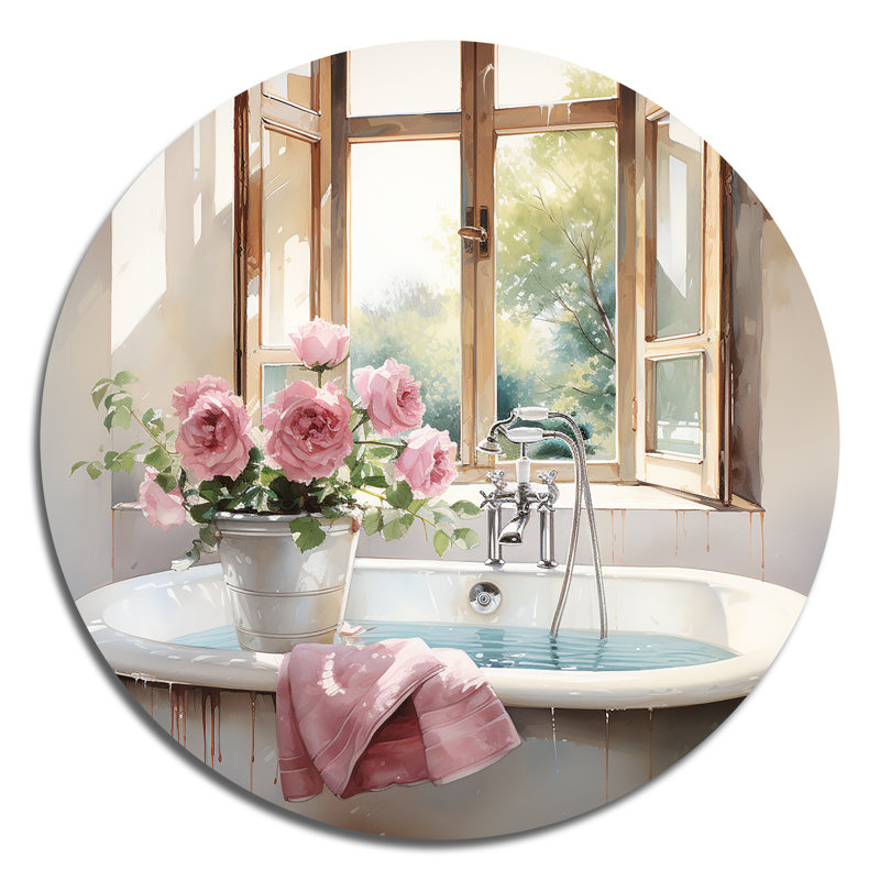 «Bath Laundry Gentle Watercolor I» - Illustration ronde sur métal, H 23 po x l 23 po