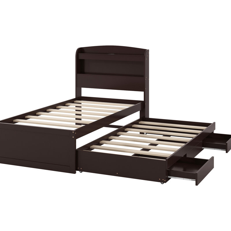 Lit simple TG avec rangement, tête de lit à DEL et de charge, lit gigogne, 2 tiroirs, plateforme en bois de pin massif brun foncé