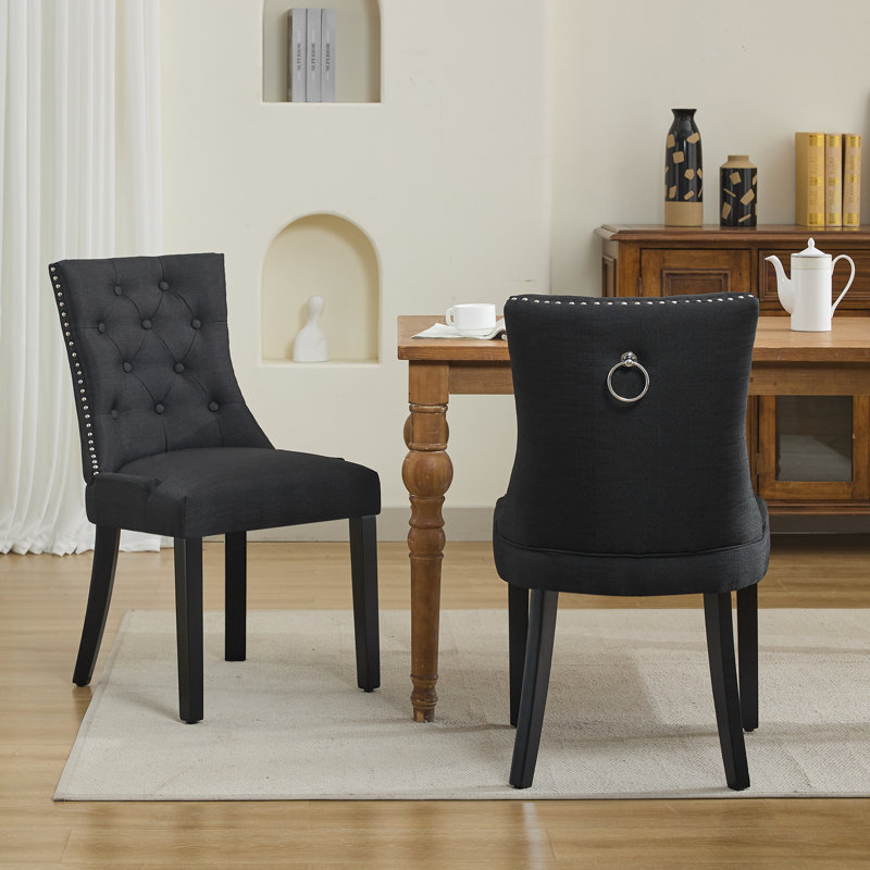 Tufted Upholstered Dining Chairs with Solid Wood Legs, Black, Black