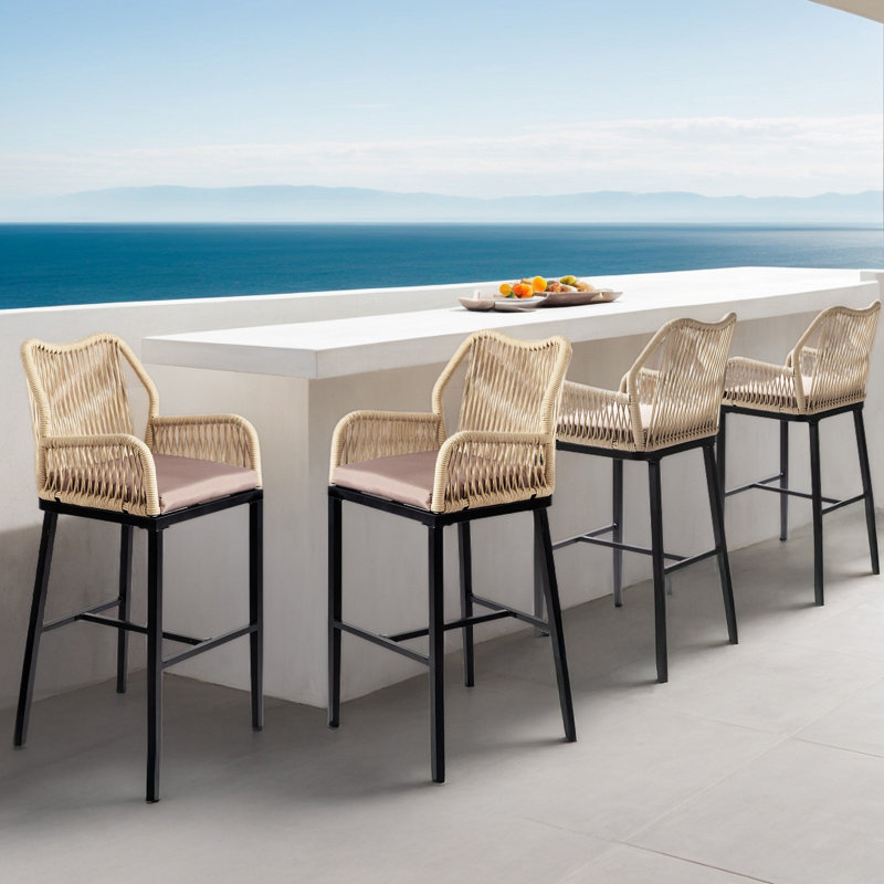 Woven Rattan Bar Stool With Iron Frame (2-Pack), Black