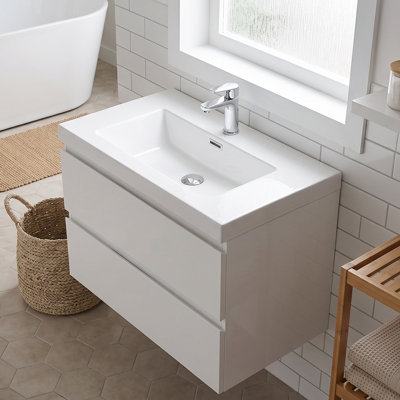 Meuble-lavabo mural en mélamine de bois de 76 cm (30 po), blanc lustré, résistant à l'usure et aux égratignures, surface non poreuse et facile à nettoyer.