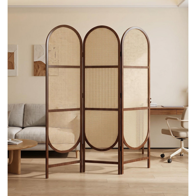 Paravent en bois massif de style français pliable en rotin, 3, H 74,8 po x l 59,1 po x P 1,6 po, Brun