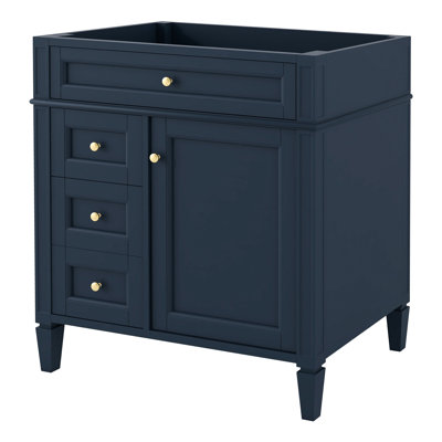 Meuble-lavabo moderne de 30 po sans comptoir, 2 tiroirs et tiroir basculant, organisateur de porte d'armoire, tablette réglable, glissières de tiroir en métal lisse, rangement divers, pieds exquis, poignée texturée, bleu