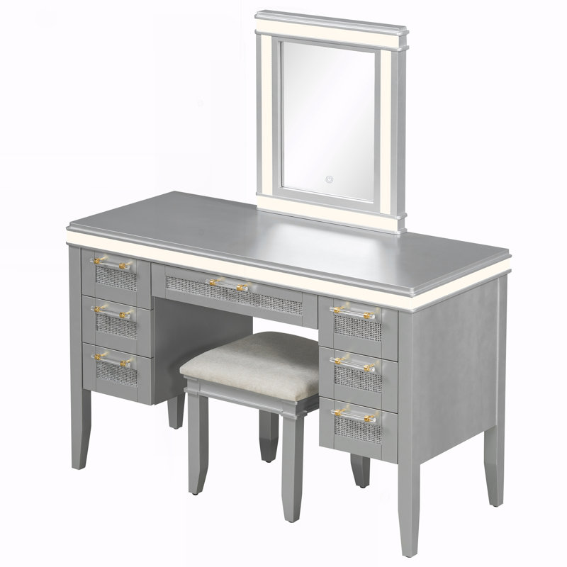 Bureau de coiffeuse avec miroir et lumières DEL, station de maquillage à 7 tiroirs avec tabouret rembourré et conception creuse pour une organisation efficace de la chambre à coucher.
