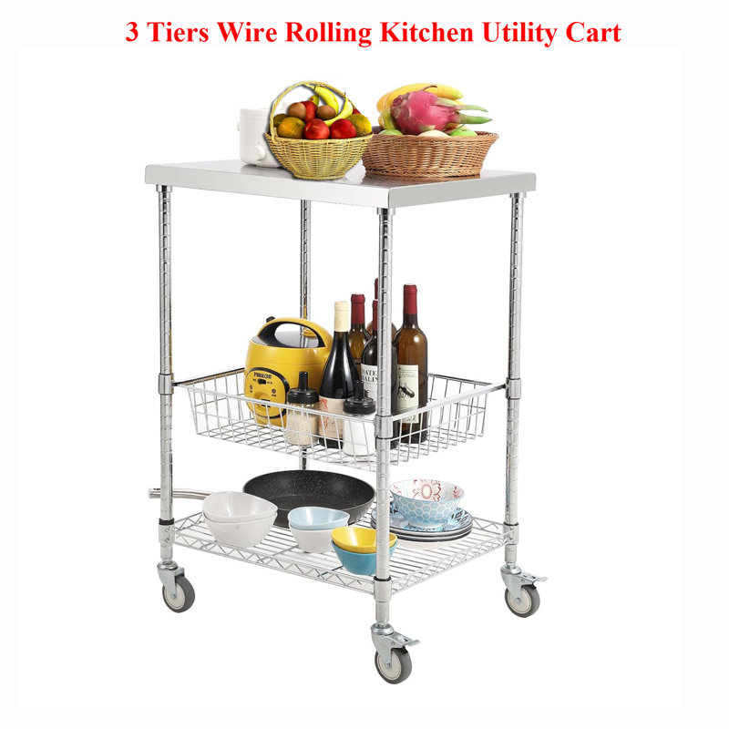 3 Tiers Wire Rolling Kitchen Utility Cart