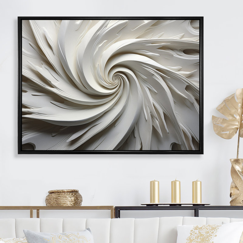 «White Majestic Motion I - Abstract Spirals», art mural encadré, Toile avec cadre flottant noir, H 24 po x l 32 po x P 1 po