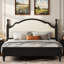 Grand lit plateforme en bois avec tête de lit tapissier - Structure en pin classique, lattes robustes, pas de sommier tapissier, structure noire + tissu beige-1225397407-1225397405