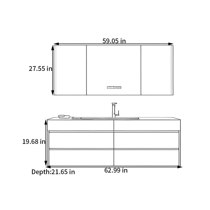 Armoire de salle de bain crème, H 19,68 po x l 62,99 po x P 21,65 po, Gris clair