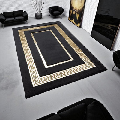Modern Black Plush Rug With Gold Details