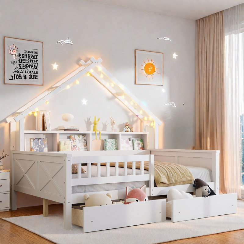 Lit plateforme House avec DEL, tablettes de rangement, tiroirs et garde-corps, Blanc