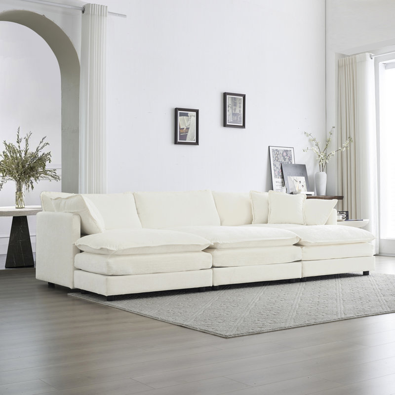 Canapé modulaire 6 places avec repose-pieds et coussins. Structure en bois robuste, chenille très respirante, mousse. En forme de U pour la détente. Blanc, 3 sièges. Simple à assembler