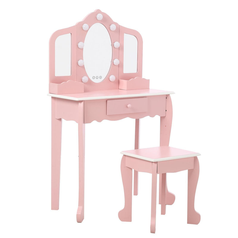 Ensemble de coiffeuse princesse avec lumière tactile et 3 miroirs - coiffeuse et tabouret pour filles, Rose