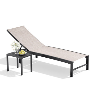 Patio Metal Stackable Reclining Chaise Lounge With Aluminum Side Table
