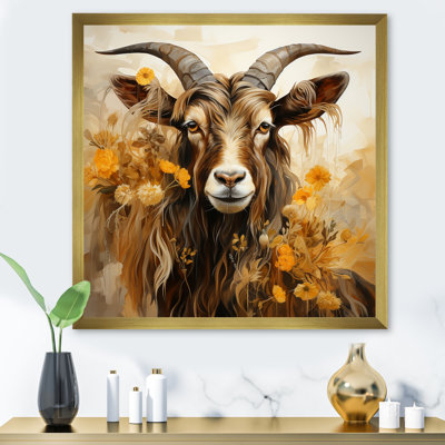 Chèvre jaune et brun, prairie florale - Chèvre, art mural