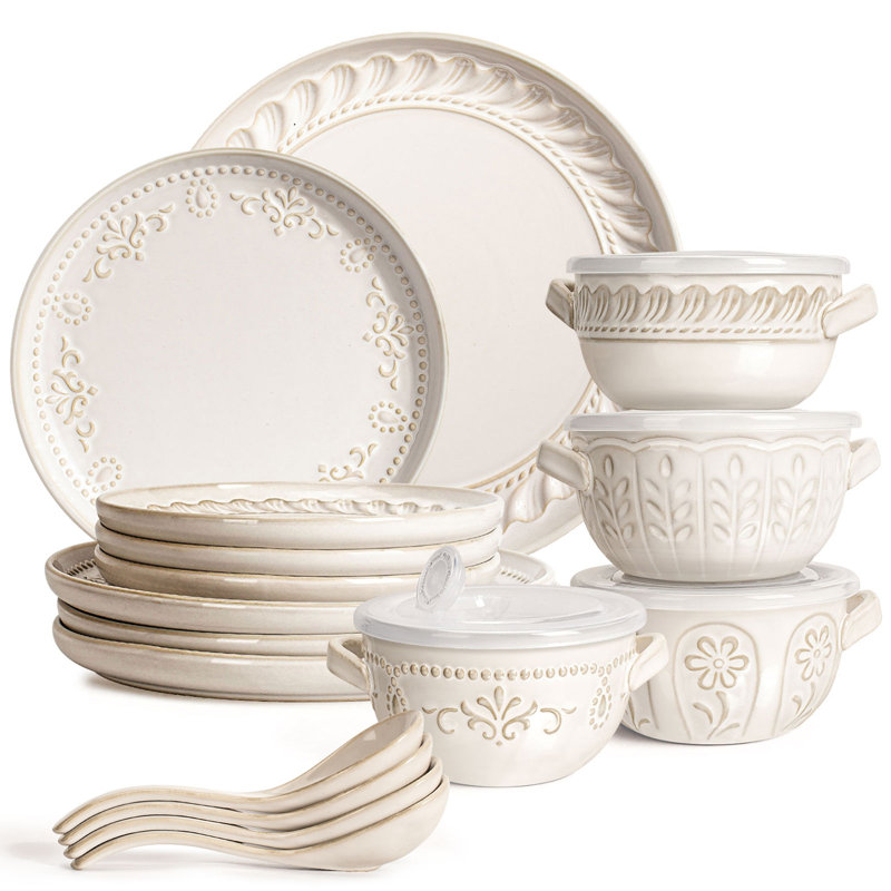 Service de table 16 pièces pour 4 personnes, glaçure réactive distincte, assiettes à dîner, assiettes à salade, bols et cuillères à soupe avec couvercle, résistant aux éclats, va au micro-ondes, va au lave-vaisselle et au congélateur, registre de mariage et cadeau des Fêtes (plusieurs motifs - blanc)