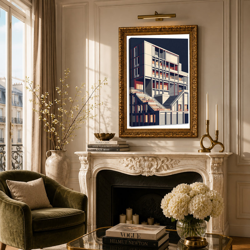 Abstrait bâtiment géométrique sur toile bleu marine, 30"H x 20"W