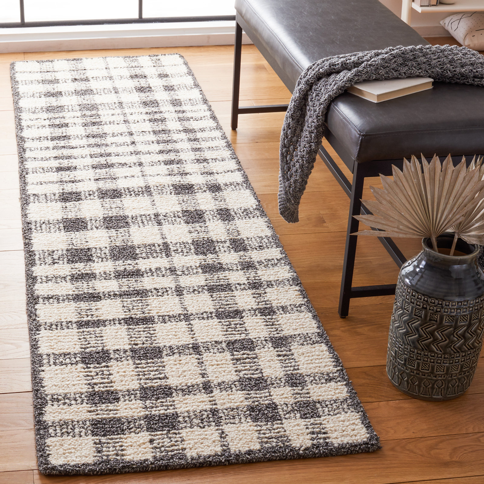 Ivory Black Hand-Tufted Plaid Rug, Runner 2'3" x 6'