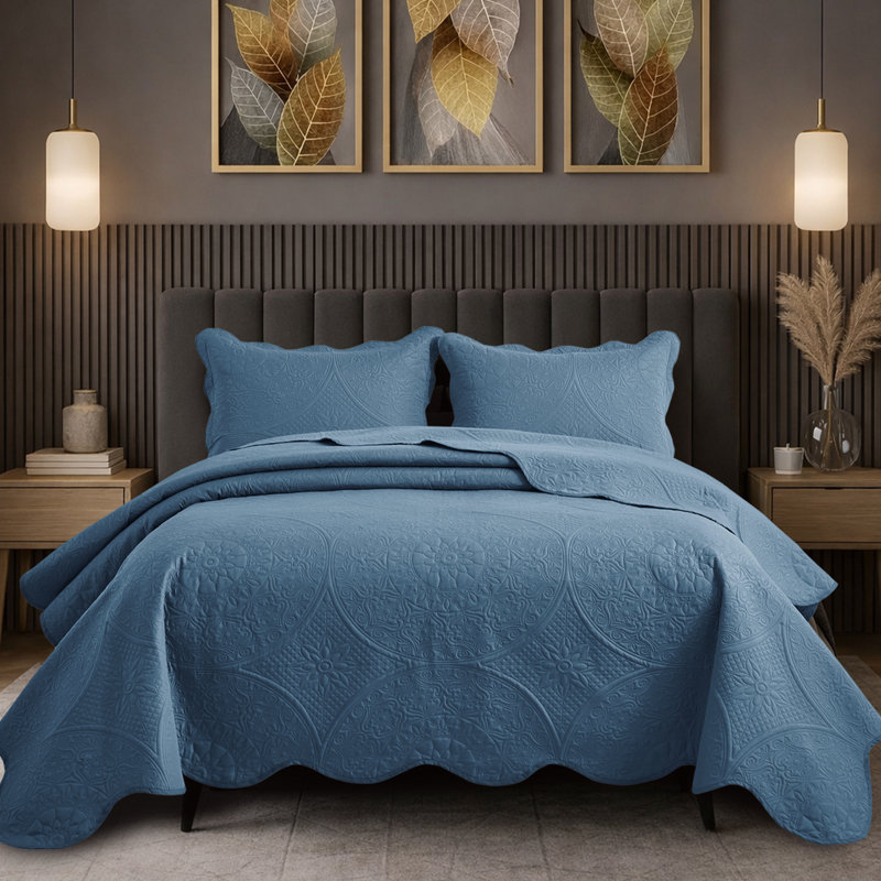 Floral Embossed Quilt Set, Washed Blue, California King Bedspread + 2 Standard Shams