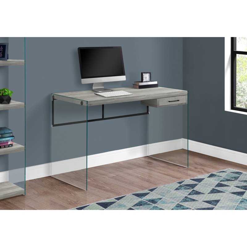 Bureau d'ordinateur, bureau personnel, ordinateur portable, tiroirs de rangement, L 48 po, travail, stratifié, verre trempé transparent, contemporain, moderne