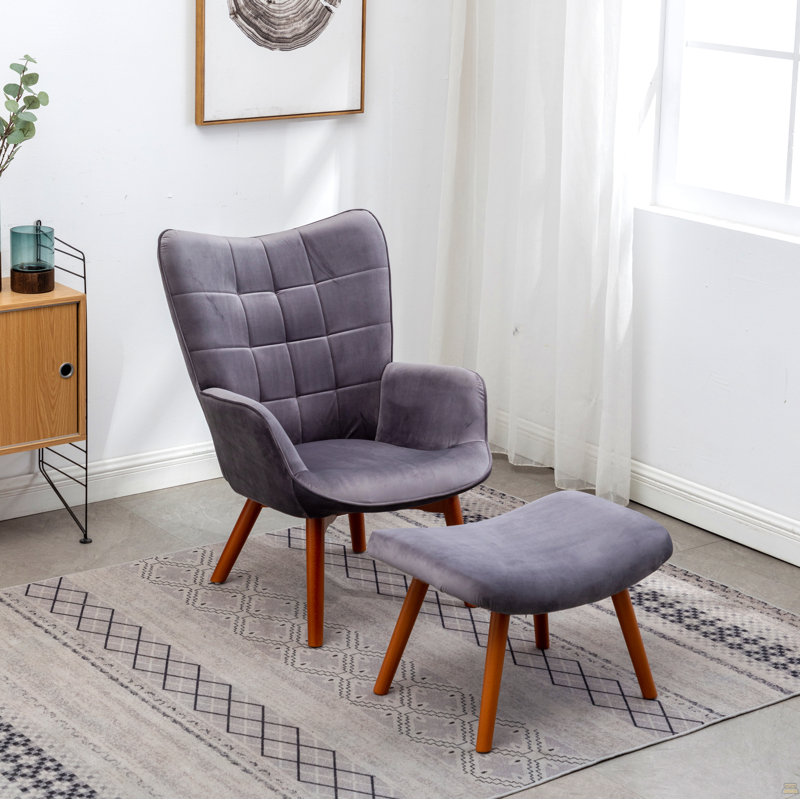 Fauteuil d'appoint contemporain en velours soyeux avec repose-pieds Leiria, gris, Gris