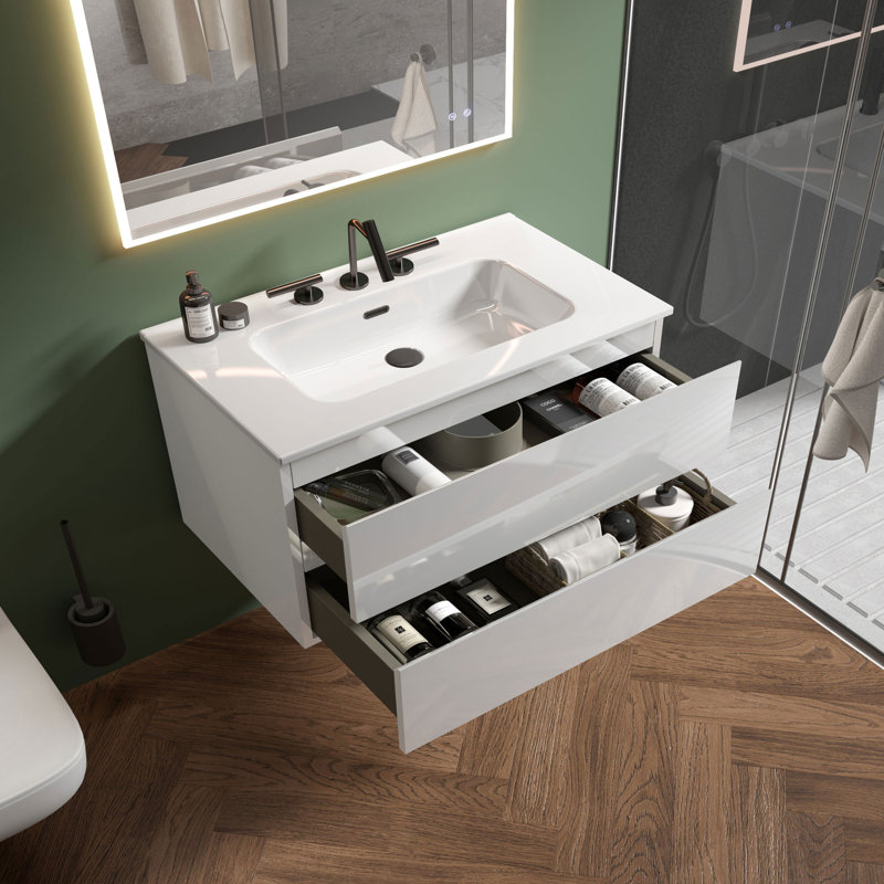 Meuble-lavabo simple 36 po avec dessus en céramique avec trop-plein Derrance, pré-assemblé, Blanc, 36"