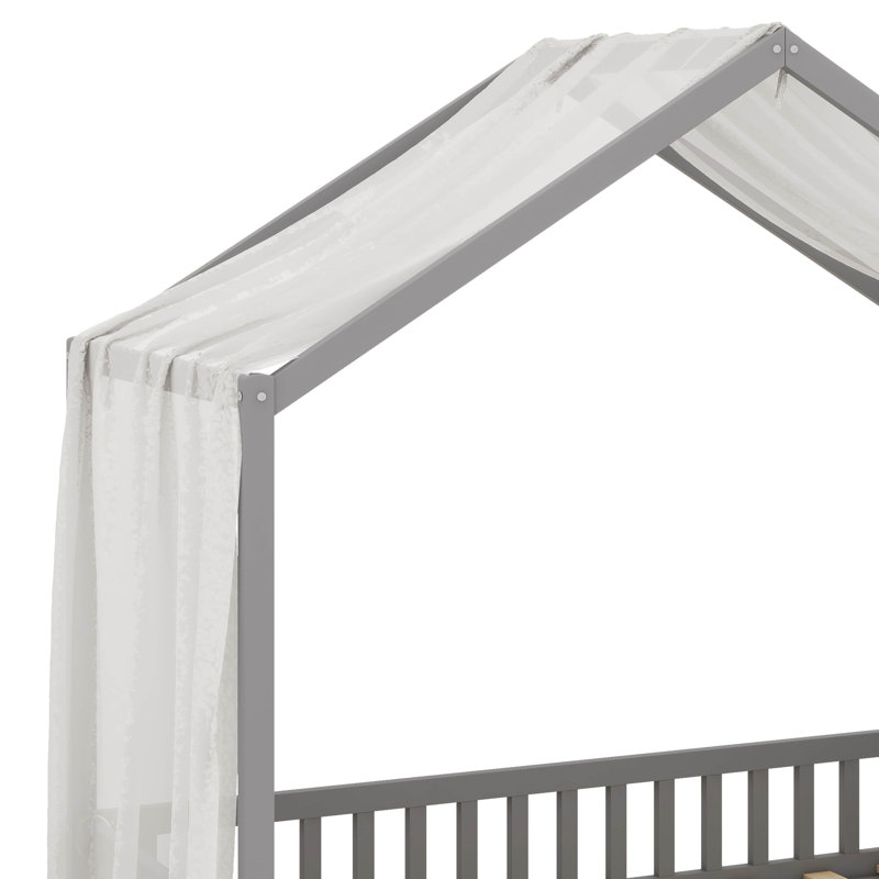 Lit à baldaquin avec structure en forme de maison et rails latéraux surélevés, lit en bois avec toit, Twin