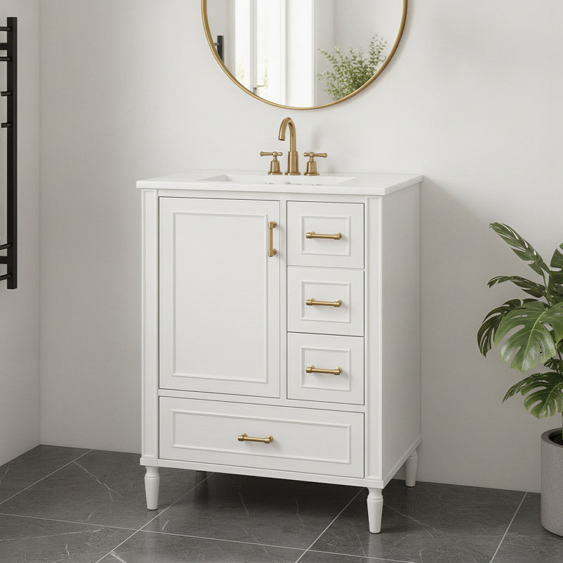Meuble-lavabo 24 po avec lavabo en céramique, 3 tiroirs, support de porte et portes à fermeture en douceur, White