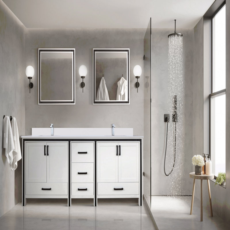 Meuble-lavabo double l 84 po x P 22 po avec comptoir en quartz blanc, 85", Blanc