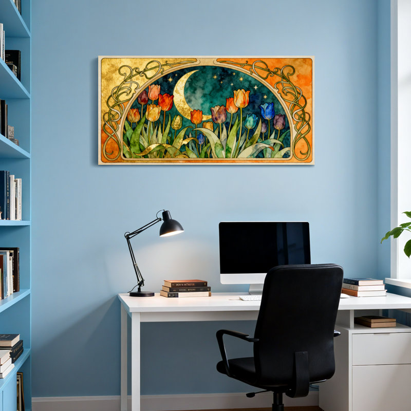 Mode, tulipes, lune et étoiles, cadre artistique, H 16 po x l 32 po