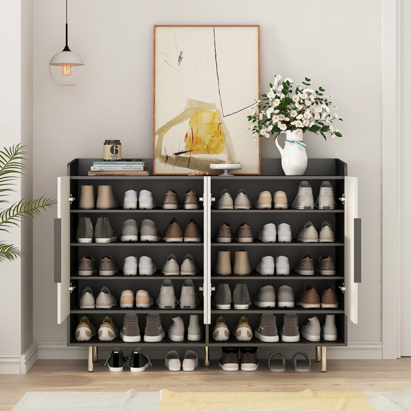 Grand grand range-chaussures moderne à 4 portes avec tablettes réglables, pour le vestibule et le salon, Noir / jaune clair
